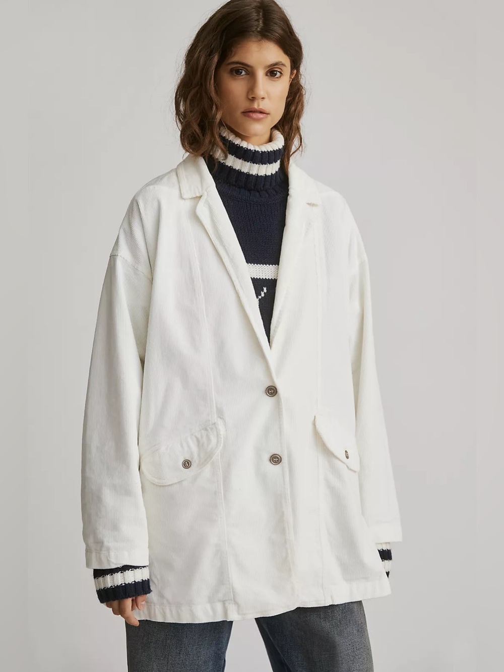 Anthropologie Pilcro Washed Corduroy White Oversized Blazer Coat XS